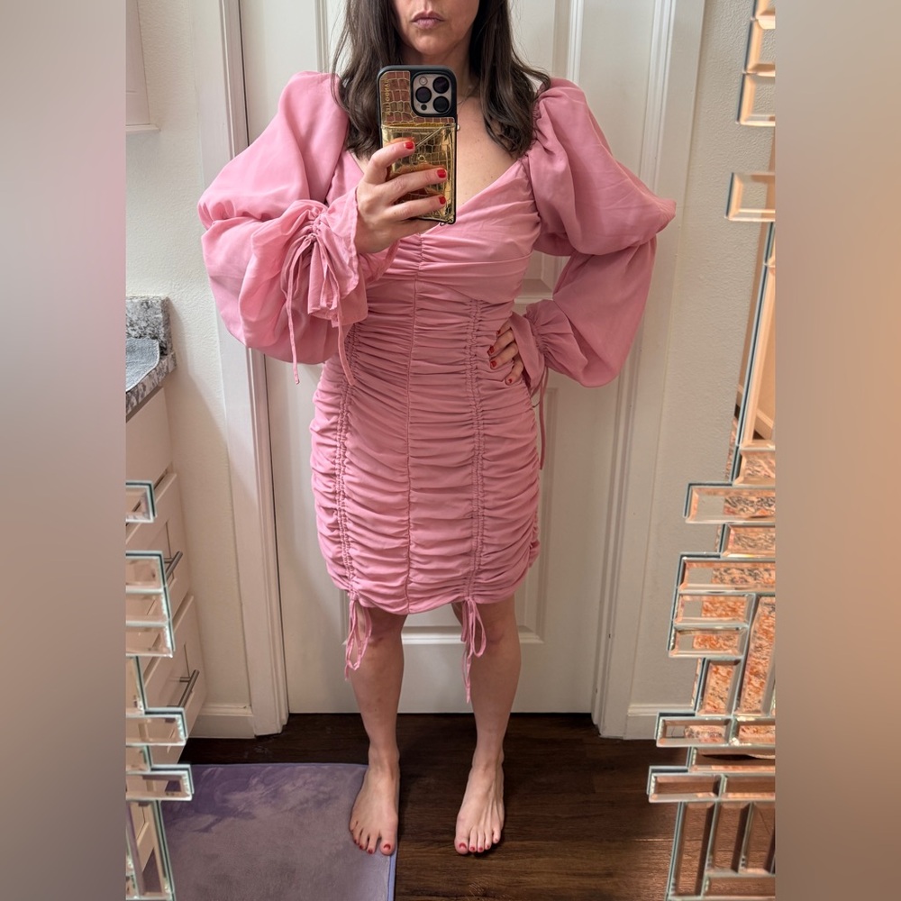 Pink, Midi Ruffle Dress. Size 10. V-neckline. Ruffled sleeves with ties 💕